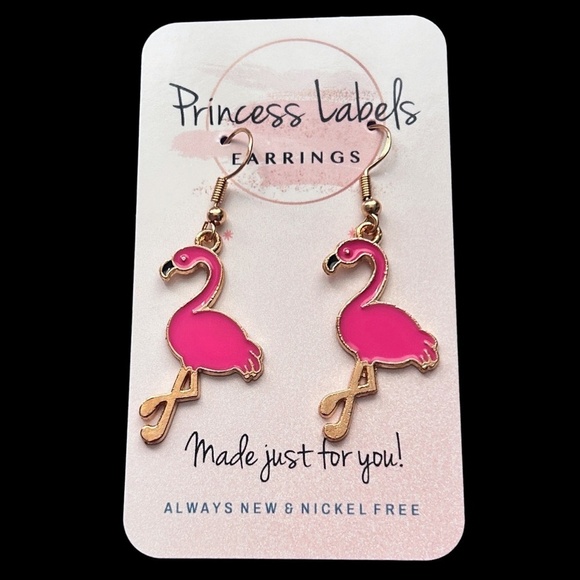 Hand Crafted Earrings Birthday Girl Flamingoes Nickel Free wires Gold Tone - Picture 7 of 8